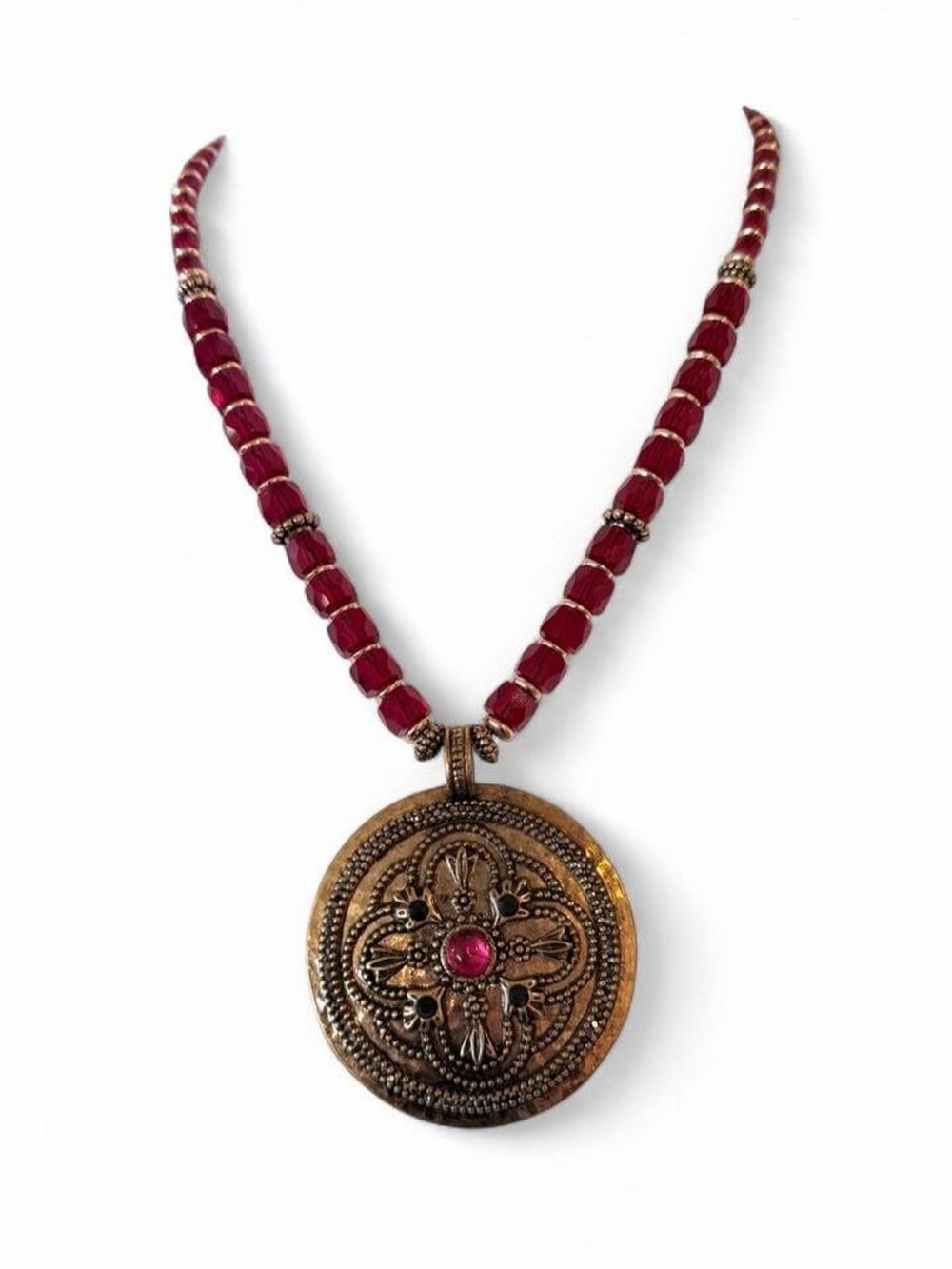 Chico's Boho Red Beaded Necklace with Ornate Gold-Tone Medallion